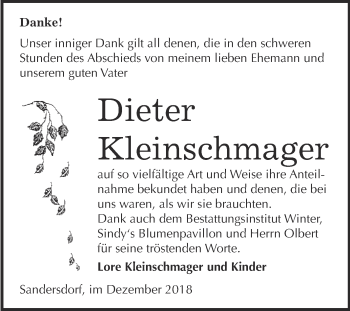 Traueranzeige von Dieter Kleinschmager von WVG - Wochenspiegel Bitterfeld