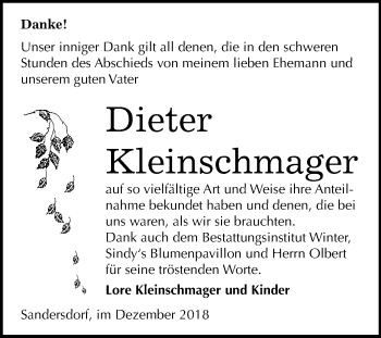 Traueranzeige von Dieter Kleinschmager von Mitteldeutsche Zeitung Bitterfeld
