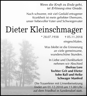 Traueranzeige von Dieter Kleinschmager von Mitteldeutsche Zeitung Bitterfeld