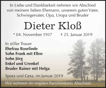 Traueranzeige von Dieter Kloß von Super Sonntag Zeitz