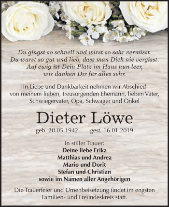 Traueranzeige von Dieter Löwe von WVG - Wochenspiegel Wittenberg