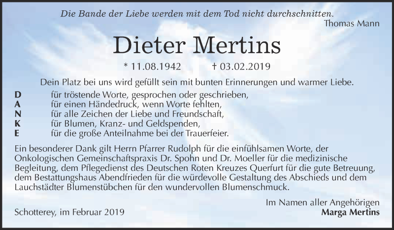  Traueranzeige für Dieter Mertins vom 23.02.2019 aus WVG - Wochenspiegel Merseburg
