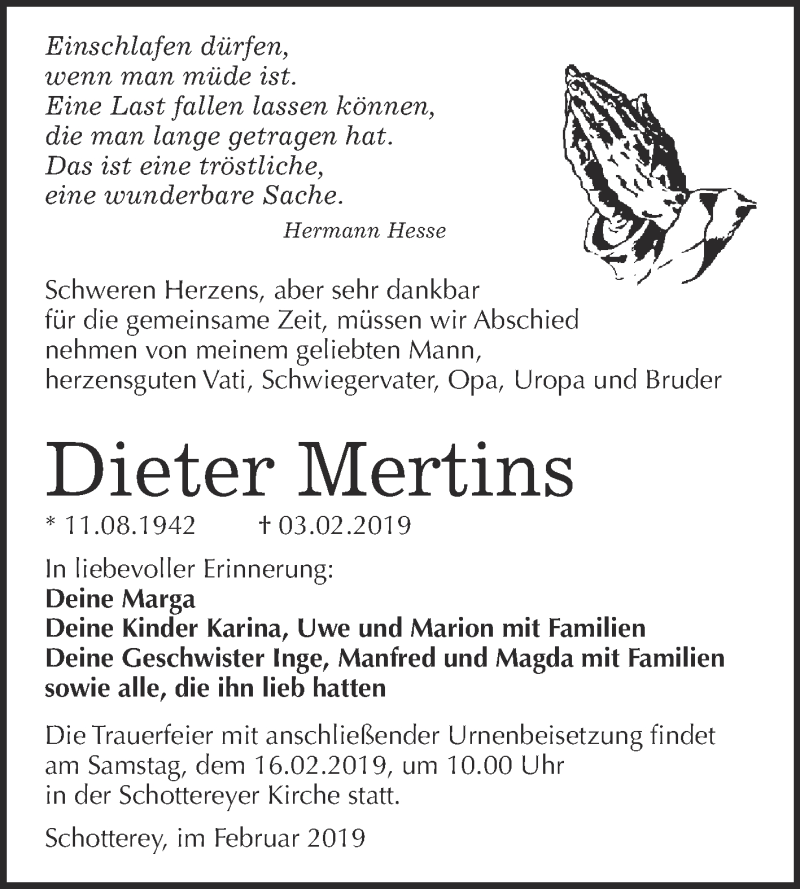  Traueranzeige für Dieter Mertins vom 09.02.2019 aus WVG - Wochenspiegel Merseburg