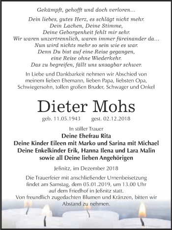 Traueranzeige von Dieter Mohs von WVG - Wochenspiegel Bitterfeld
