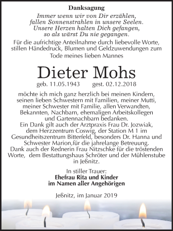 Traueranzeige von Dieter Mohs von Mitteldeutsche Zeitung Bitterfeld