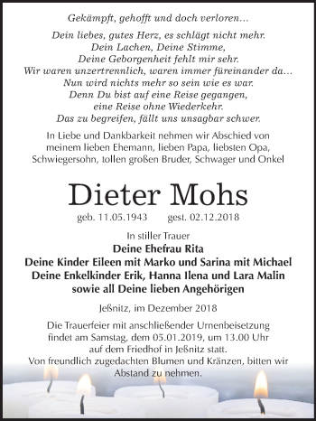 Traueranzeige von Dieter Mohs von Mitteldeutsche Zeitung Bitterfeld