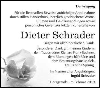 Traueranzeige von Dieter Schrader von Mitteldeutsche Zeitung Quedlinburg