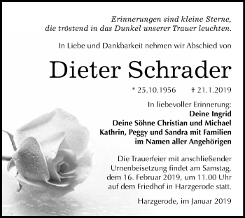 Traueranzeige von Dieter Schrader von WVG - Wochenspiegel Quedlinburg
