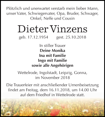 Traueranzeige von Dieter Vinzens von Super Sonntag SGH Mansf. Land