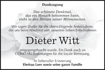 Traueranzeige von Dieter Witt von WVG - Wochenspiegel NMB / WSF / ZTZ