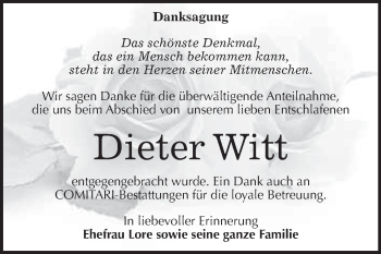 Traueranzeige von Dieter Witt von Super Sonntag Zeitz