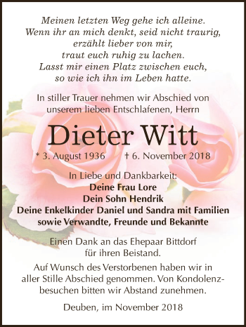 Traueranzeige von Dieter Witt von WVG - Wochenspiegel NMB / WSF / ZTZ