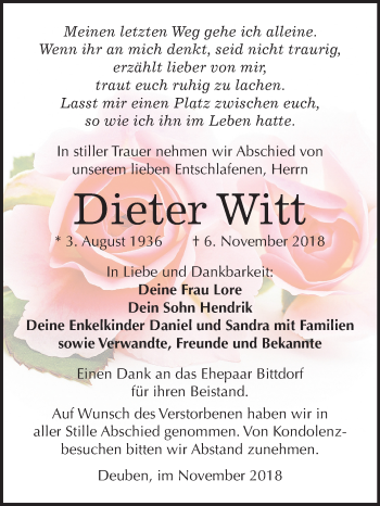 Traueranzeige von Dieter Witt von Mitteldeutsche Zeitung Weißenfels