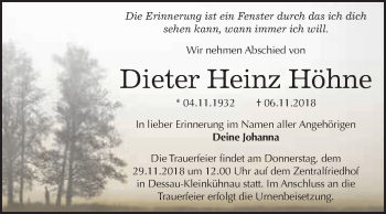 Traueranzeige von Dieter Heinz Höhne von WVG - Wochenspiegel Dessau / Köthen