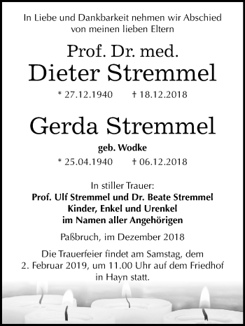 Traueranzeige von Dieter und Gerda Stremmel von Mitteldeutsche Zeitung Sangerhausen