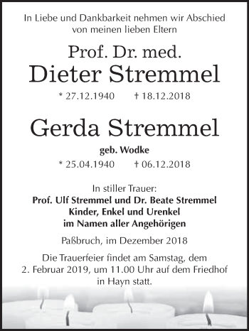 Traueranzeige von Dieter und Gerda Stremmel von Super Sonntag SGH Mansf. Land