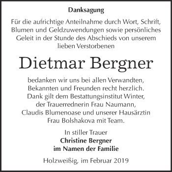 Traueranzeige von Dietmar Bergner von WVG - Wochenspiegel Bitterfeld