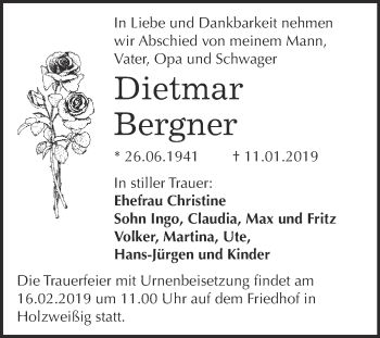 Traueranzeige von Dietmar Bergner von WVG - Wochenspiegel Bitterfeld