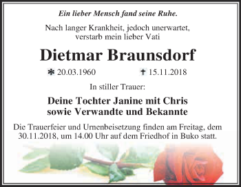 Traueranzeige von Dietmar Braunsdorf von WVG - Wochenspiegel Dessau / Köthen
