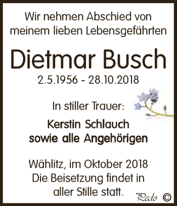 Traueranzeige von Dietmar Busch von WVG - Wochenspiegel NMB / WSF / ZTZ