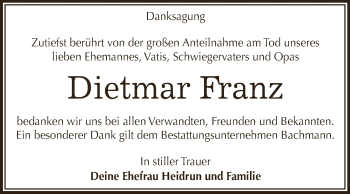 Traueranzeige von Dietmar Franz von WVG - Wochenspiegel Dessau / Köthen