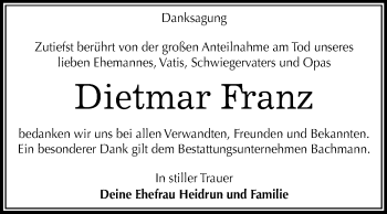 Traueranzeige von Dietmar Franz von Mitteldeutsche Zeitung Dessau-Roßlau