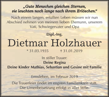 Traueranzeige von Dietmar Holzhauer von Super Sonntag Aschersleben
