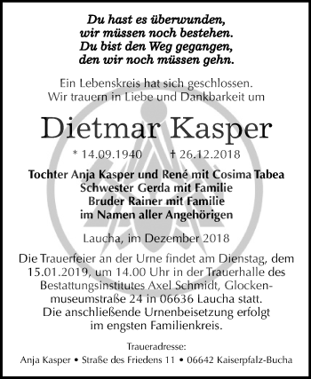 Traueranzeige von Dietmar Kasper von Mitteldeutsche Zeitung Naumburg/Nebra
