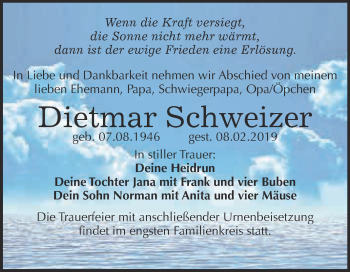 Traueranzeige von Dietmar Schweizer von Super Sonntag Wittenberg