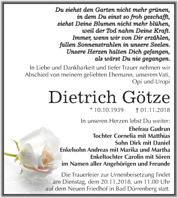 Traueranzeige von Dietrich Götze von Mitteldeutsche Zeitung Merseburg/Querfurt