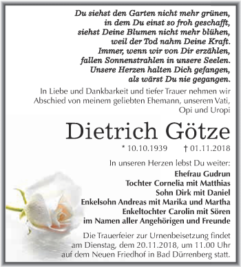 Traueranzeige von Dietrich Götze von Super Sonntag Merseburg