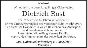 Traueranzeige von Dietrich Rost von Super Sonntag Wittenberg