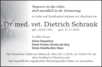 Traueranzeige von Dietrich Schrank von Super Sonntag Wittenberg