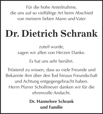 Traueranzeige von Dietrich Schrank von Super Sonntag Wittenberg