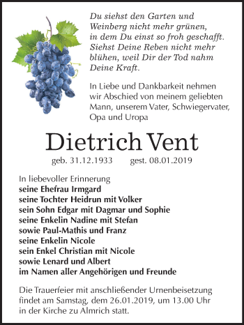 Traueranzeige von Dietrich Vent von Mitteldeutsche Zeitung Naumburg/Nebra