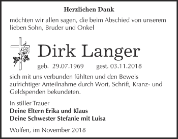 Traueranzeige von Dirk Langer von WVG - Wochenspiegel Bitterfeld