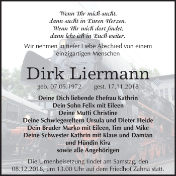 Traueranzeige von Dirk Liermann von Mitteldeutsche Zeitung Wittenberg