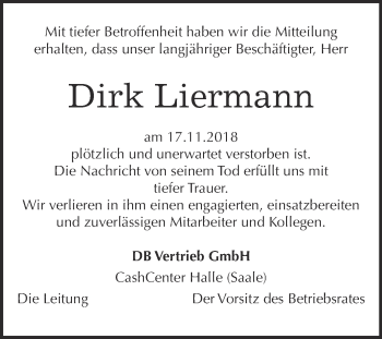 Traueranzeige von Dirk Liermann von WVG - Wochenspiegel Halle