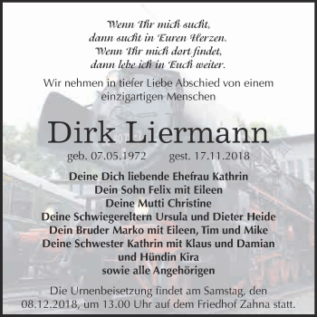 Traueranzeige von Dirk Liermann von Super Sonntag Wittenberg