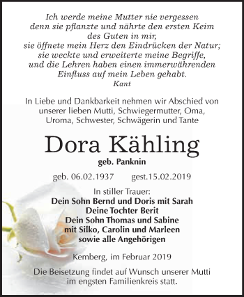 Traueranzeige von Dora Kähling von WVG - Wochenspiegel Wittenberg
