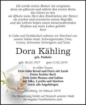Traueranzeige von Dora Kähling von Mitteldeutsche Zeitung