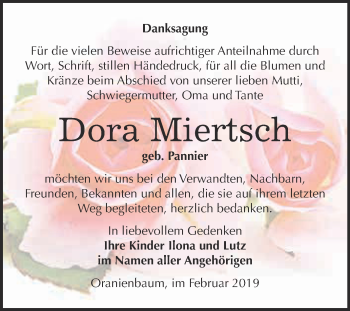 Traueranzeige von Dora Miertsch von WVG - Wochenspiegel Dessau / Köthen