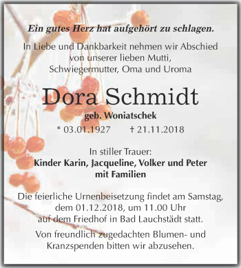 Traueranzeige von Dora Schmidt von WVG - Wochenspiegel Merseburg