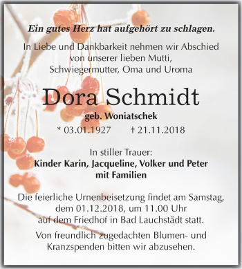 Traueranzeige von Dora Schmidt von Mitteldeutsche Zeitung Merseburg/Querfurt