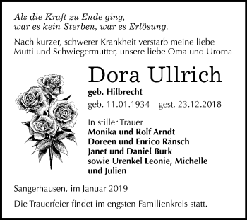 Traueranzeige von Dora Ullrich von Mitteldeutsche Zeitung Sangerhausen
