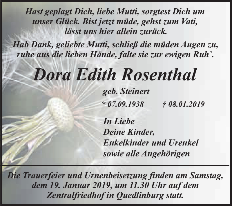  Traueranzeige für Dora Edith Rosenthal vom 07.01.2019 aus WVG - Wochenspiegel Quedlinburg