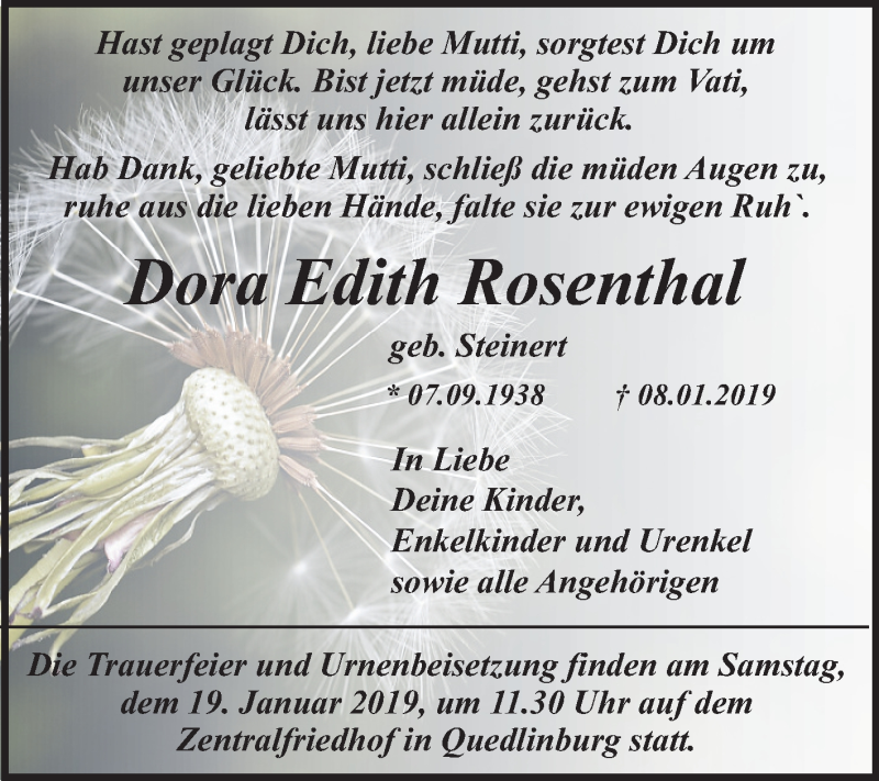  Traueranzeige für Dora Edith Rosenthal vom 12.01.2019 aus Mitteldeutsche Zeitung Quedlinburg