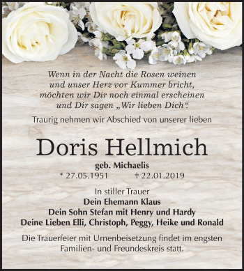 Traueranzeige von Doris Hellmach von Mitteldeutsche Zeitung Bitterfeld