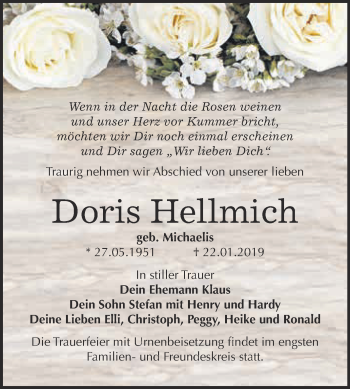 Traueranzeige von Doris Hellmich von WVG - Wochenspiegel Bitterfeld
