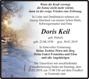 Traueranzeige von Doris Keil von Super Sonntag Quedlinburg